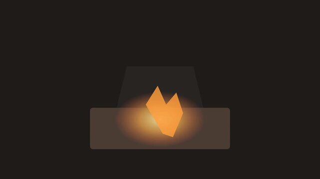 Cozy fireplace with glowing orange flame and warm light on a dark background, flat winter animation