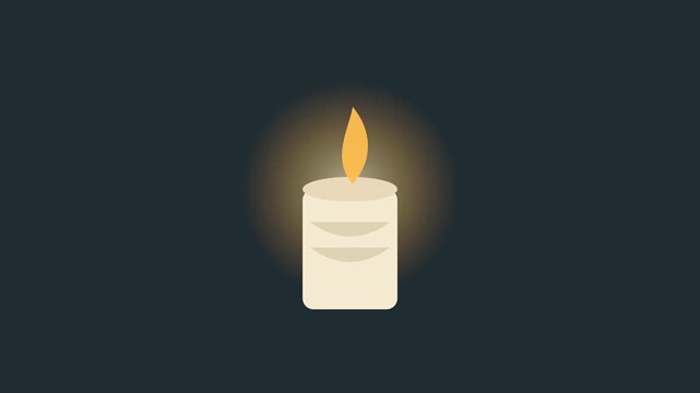 Lit white candle with glowing flame and soft warm light on a dark teal background, flat animation