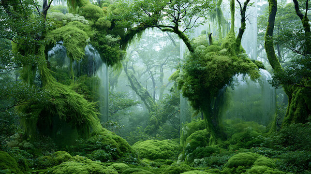 Mysterious Green Forest with Lush Trees and Fog Creating a Serene Atmosphere for Exploration