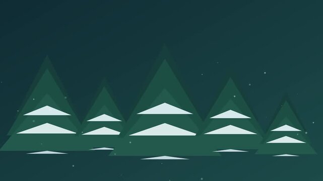 Snowy pine forest at night with falling snowflakes flat illustration