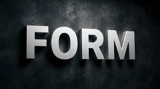 Metallic silver 3D word form on a dark textured background with metallic lett