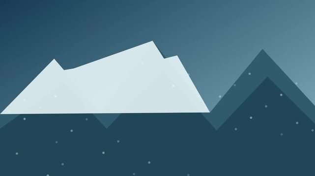 Snow covered mountain peaks with falling snow against a dark blue sky, flat winter landscape animation