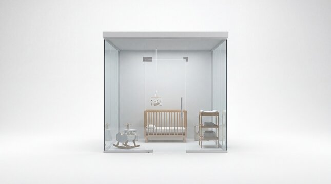 Baby nursery room interior showcases a wooden crib, changing table, and rocking horse toy inside a transparent glass showcase against a minimalist white background symbolizing safe early childhood.