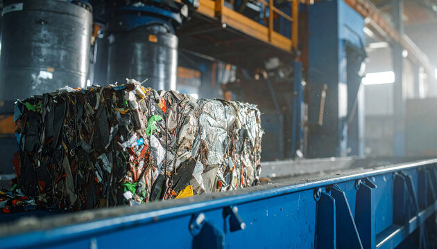 Compressed Waste on Conveyor Belt: A dense cube of compacted trash, containing various recyclable materials, moves along an industrial conveyor belt in a waste processing facility.