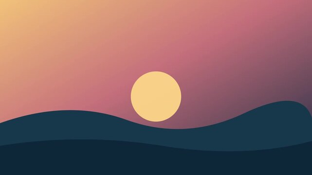 Pale yellow sun moving over dark teal hills against a pink and orange gradient sky, sunset landscape animation