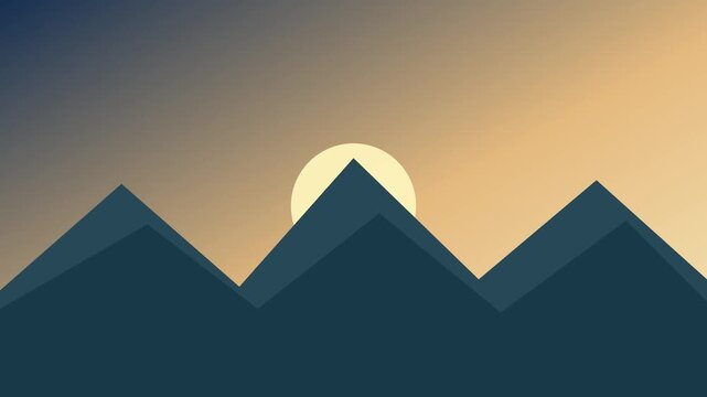 Pale sun rising behind dark teal mountain peaks against a golden and navy gradient sky, flat landscape animation