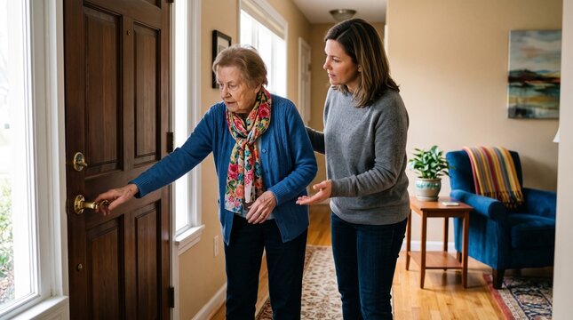 Older adult approaching front door, Family caregiver gently redirecting, Alzheimer&rsquo;s wandering concern at home, Supportive safety interaction, Colorful entryway lifestyle scene