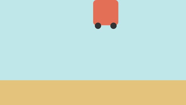 Small red box shaped vehicle with two wheels moving across a pale aqua background with a yellow road strip, flat transport animation