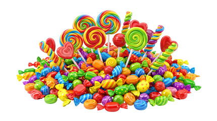 Obraz premium Colorful lollipops and wrapped candies on a white background. Pile of sweet sugar confectionery items. Isolated stock photo