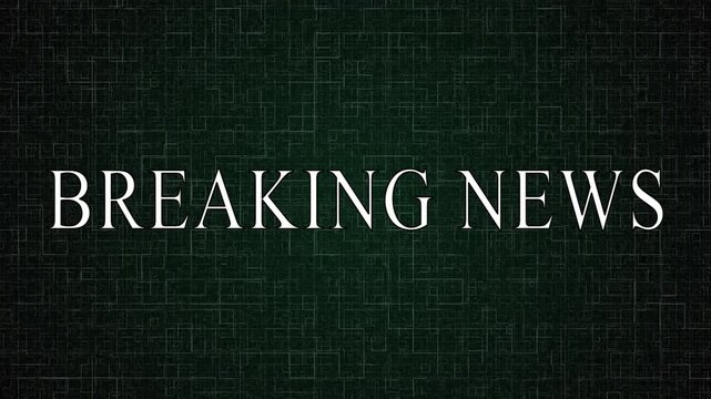 Breaking news text header animation with digital glitch effect on dark abstract geometric background.