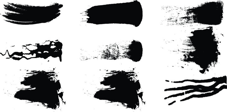 Set of nine unique hand drawn black ink brush strokes flat vector isolated on white background for artistic graphic design and texture projects.