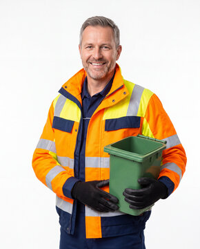 Waste collection worker representing municipal sanitation, garbage collection, urban maintenance, environmental services and public cleanliness.
