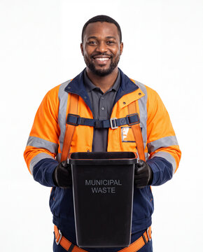 Waste collection worker representing municipal sanitation, garbage collection, urban maintenance, environmental services and public cleanliness.