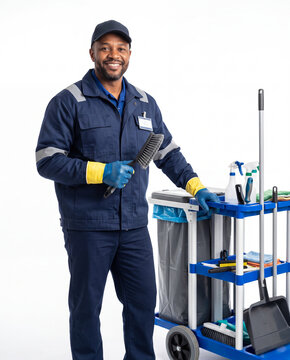 Public cleaning worker with a municipal cleaning cart, representing sanitation, maintenance, hygiene and essential urban services.