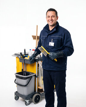 Public cleaning worker with a municipal cleaning cart, representing sanitation, maintenance, hygiene and essential urban services.