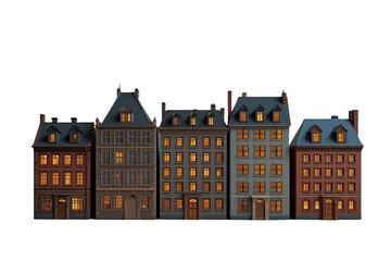 Fototapeta premium Row of dark European townhouses with glowing windows