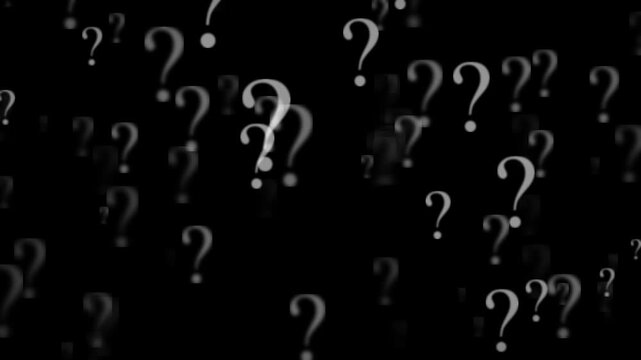 Floating question marks against dark background animation digital graphic effect for creative media.