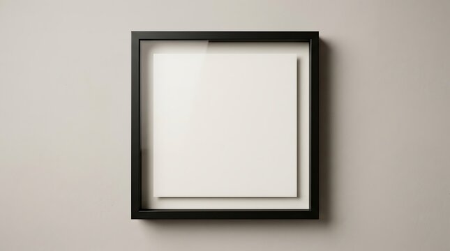 Empty square black picture frame hanging on a plain neutral wall with copy space for design