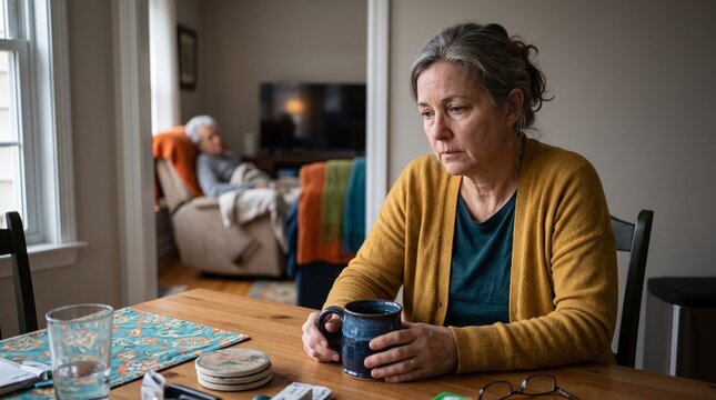Family caregiver exhausted at table, Alzheimer&rsquo;s care burden at home, Older relative resting nearby, Emotional strain of caregiving, Colorful domestic lifestyle scene