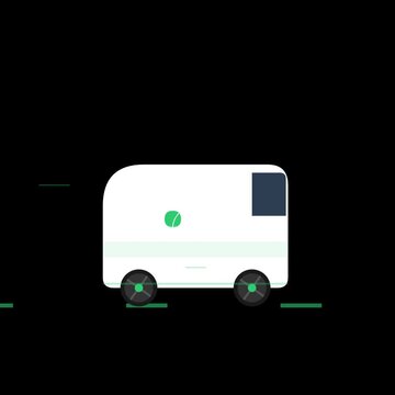 Animated minimalist flat vector electric delivery van driving on seamless loop with green leaf icon
