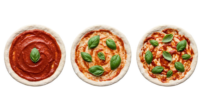 Pizza dough bases with varying stages of tomato sauce, cheese, and fresh basil leaves are displayed in a row on a transparent background.