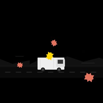 Vintage delivery truck moving fast with autumn maple leaves and parallax effect on black background