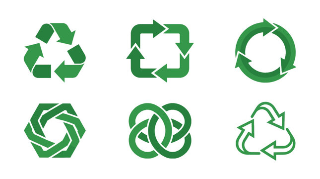 Collection of six green recycling symbols and circular arrows representing sustainability and reuse