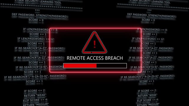 Urgent remote access breach warning alert displayed on digital computer interface with scrolling python programming code background, for cybersecurity threat, detection and network, security system