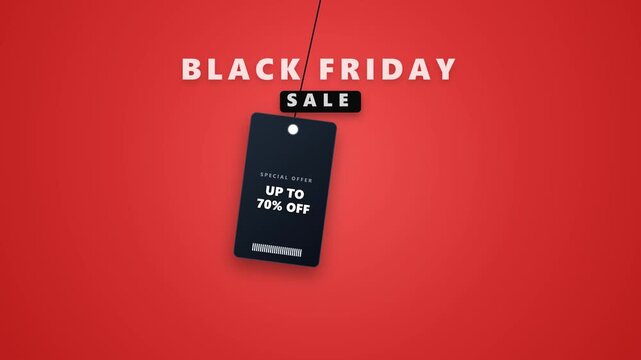 Professional 4K motion graphics animation featuring a black vertical hanging tag with realistic physics drop and swing over a vibrant red background for Black Friday sales.
