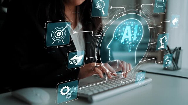 Business Professional Engaged in AI Technology and Digital Innovation with Interactive Graphical Elements and Key Data on a Computer Screen Sigmoid