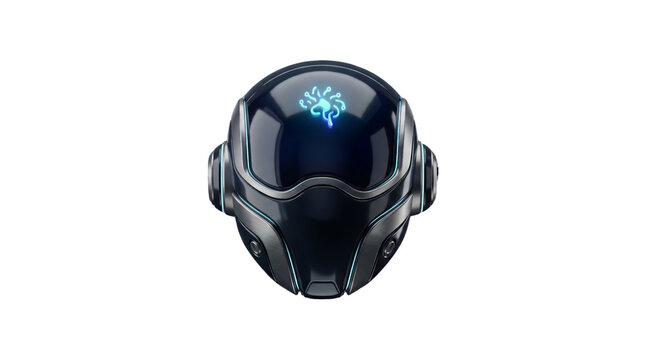 Robot helmet with a glowing blue digital brain icon on its glossy black visor is isolated on a transparent background.