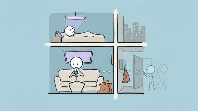 Hand drawn stick figure illustration showing daily life activities in a split screen layout