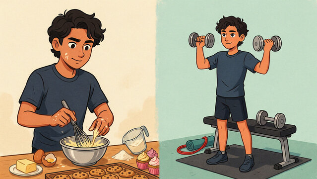 Young man illustrated in a split screen cooking in a kitchen and lifting dumbbells in a gym