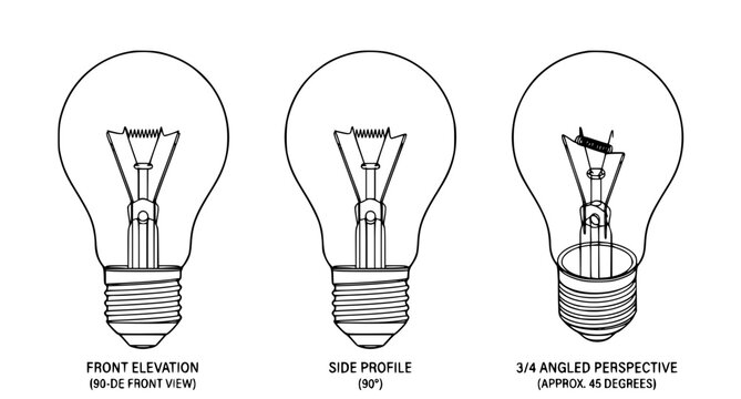 Light Bulb Technical Drawing Three View Vector