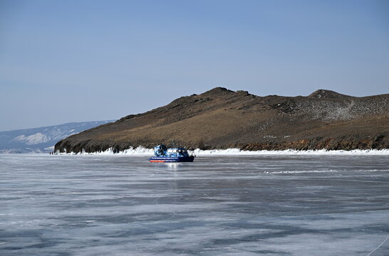Hovercraft near Ogoy Island on Lake Baikal in winter