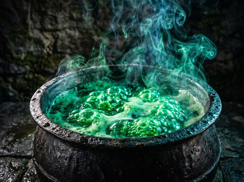 A dark, rustic cauldron filled with a bubbling, glowing green potion emitting mystical blue-green smoke in a mysterious, ancient setting.
