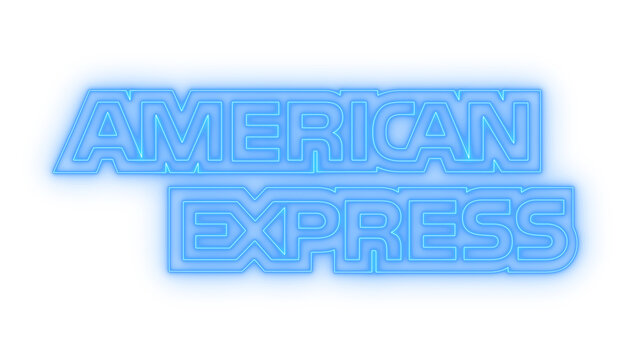Glowing neon American Express logo icon isolated on transparent background. Credit card company sign. Financial brand symbol. Payment method. Corporate identity