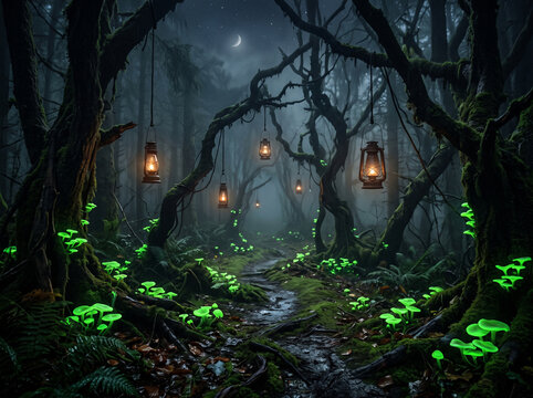 A mystical dark forest at night with glowing green mushrooms, hanging lanterns, and a winding path under a crescent moon.