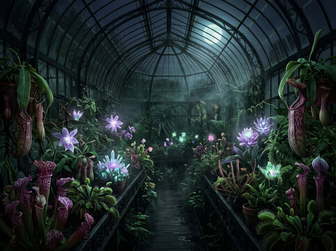 A mystical greenhouse at night filled with glowing, exotic plants and carnivorous flora under a moonlit glass roof, creating an enchanting and eerie atmosphere.