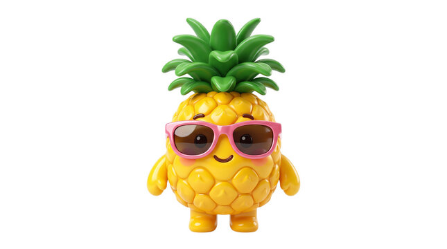 Pineapple character toy with pink sunglasses. Cute cartoon fruit figurine. Tropical summer icon
