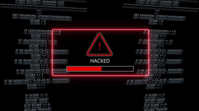 Cyber security breach alert with red warning sign and hacked progress bar overlaid on scrolling python programming code background, for digital threat, detection and information, technology security