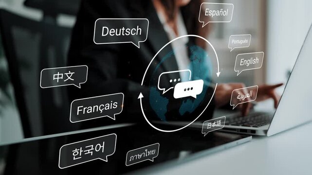Diverse language communication in a modern business environment showcasing multilingual text bubbles and a person using a laptop for effective interaction. Gluon.