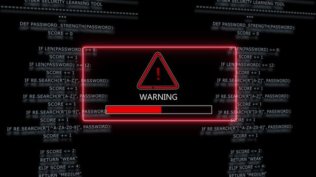 Cyber security warning alert featuring red neon warning triangle and progress bar overlaid on scrolling python programming code background, for digital data, protection and information technology