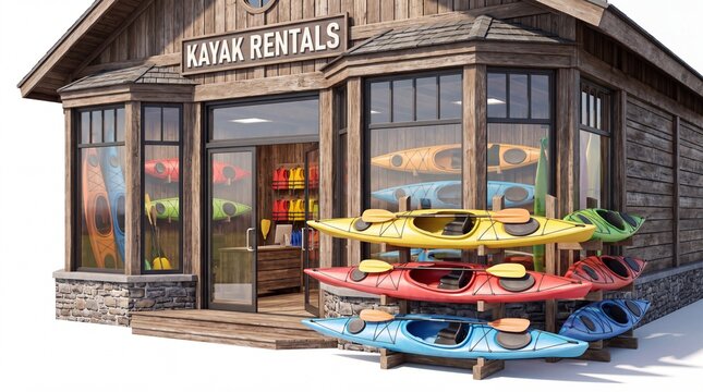Cozy Wooden Kayak Rental Shop with Colorful Kayaks Displayed Outside for Summer Water Sports