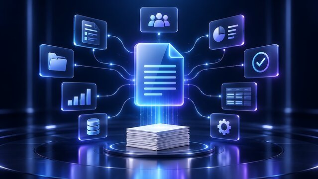 Electronic Document Workflow And Data Management System Concept With Digital Icons