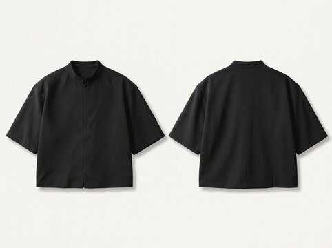 Black short sleeve shirt mockup front and back view, minimalist mandarin collar jacket uniform flat lay template isolated on neutral background