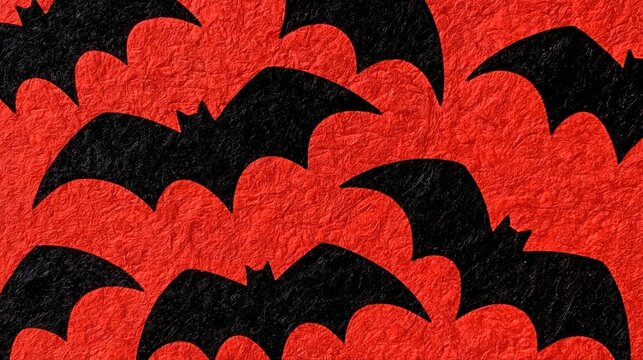 Halloween pattern with black bat silhouettes on textured red background for spooky party decor, greeting cards, wallpapers, festive seasonal design