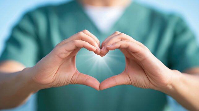 Healthcare Worker Forming Heart Shape Gesture with Hands Showing Compassion, Support, and Gratitude in Medical Uniform for Hospital Wellness Campaigns