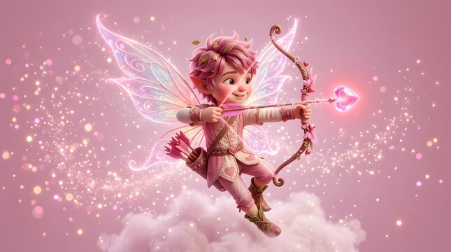 A cute fairy aiming a glowing pink love arrow in a magical fantasy world with sparkling lights
