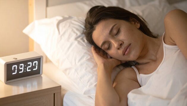 Young woman sleeping in bed with a digital alarm clock showing 9:27 am on the bedside table